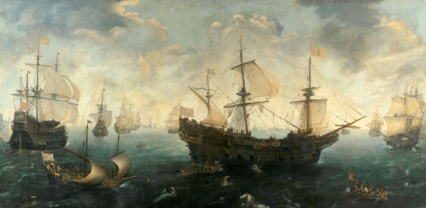 De Spaanse Armada voor de Engelse kust in 1588, Cornelis Claesz van Wieringen, SK-A-1629, Rijksmuseum, Publiek domein. Spaanse Armada Filips II hertog van medina sidonia
