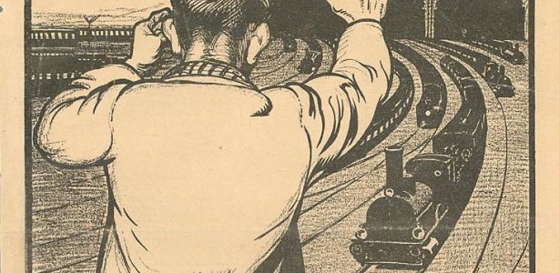 De spotprent van Albert Hahn (1877 - 1918) die in februari op de voorkant van Het Volk verscheen, Public domain, via Wikimedia Commons spoorwegstaking 1903