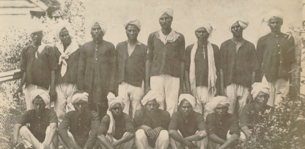 Groep Hindoestaanse contractarbeiders poseert in Suriname tussen 1920 en 1930. Tropenmuseum, deel van het Nationale Museum van Wereldculturen, CC BY-SA 3.0 <https://creativecommons.org/licenses/by-sa/3.0>, via Wikimedia Commons. groep Hindoestaanse contractarbeiders Suriname