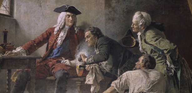 Johann Friedrich Böttger, de uitvinder van het Europees porselein in het midden met de Saksische keurvorst August de Sterke links Europees porselein in Saksen