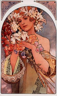 Art nouveau-schilderij 'Flowers' door Alfons Mucha.