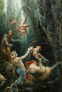 Symbolistisch schilderij 'Spielende nymphen' door Georg Janny.