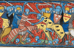 Karel Martel vecht tegen Chilperik II tijdens de Slag bij Keulen (716), illustratie uit de 13e-15e eeuw. 