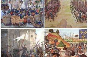 De slag bij la Rochelle, de slag bij Azincourt, de slag bij Patay, de belegering van Orléans