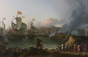 De zeeslag bij Vigo op 12 oktober 1702. Een schilderij van Ludolf Bakhuizen uit 1702, National Maritime Museum [BHC2216].