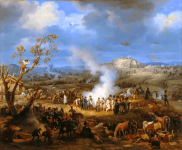 Het kamp van de Franse troepen aan de vooravond van de slag. Louis-François, Baron Lejeune, Public domain, via Wikimedia Commons Slag bij Austerlitz
