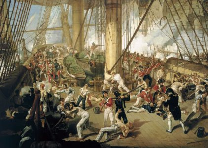 The Fall of Nelson, Battle of Trafalgar, 21 October 1805 door Denis Dighton, National Maritime Museum, Greenwich, London. Caird Fund Slag bij Trafalgar Horatio Nelson